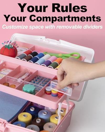 TERGOO 12in 3-Layer Plastic Craft Organizers and Storage, Portable Folding Tackle Box with Handle & Adjustable Dividers, Multipurpose Case for Sewing, Art Supplies, Medicine, Tools (White Pink) - color: White Pink