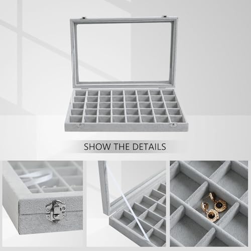 Wudygirl Jewelry Organizer Velvet Jewelry Box 40 Grid Earring Holder Organizer with Lid Ring Holder Ring Display Case Adjustable (Gray) - color: Gray, size: 40 Grid