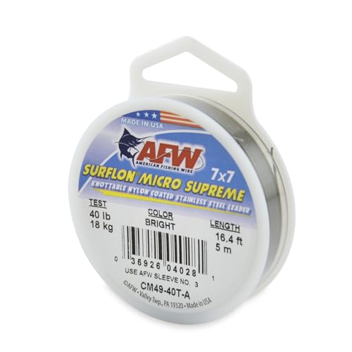 American Fishing Wire Surflon Micro Supreme Nylon Coated 7x7 Stainless Steel Leader Wire - Knottable Wire Leaders for Fishing Saltwater, Fly Fishing, 13lb Test - 90lb Test, Bright, Black & Camo Colors - color: Bright, style: 5 Meter, 40 Pound Test