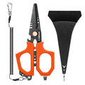SAMSFX 6.5" Pro Fishing Shears Dual Serrated Blades, Fishing Braided Line Scissors with Titanium Coating, Non-Slip Grip & Multifunction Tool, Includes Hard Molded Locking Sheath & Coiled Lanyard - color: A: Orange Kraton Handle, Hard Sheath