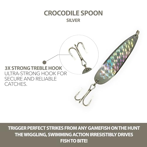 Crocodile Spoon Fishing Lures 1oz, 6 Pcs Silver Chrome with Treble Hooks, for Saltwater & Freshwater Fishing, Includes Sharp Hook Setup, Ideal for Tuna, Trout, Bass, Walleye, Halibut & More