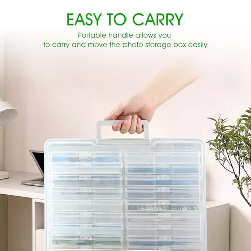 Photo Storage Box 5 x 7 Inches, 18 Inner Extra Large Photo Boxes with Dividers, Clear Acid-Free Photo Storage Containers with Handle, Photo Organizer Craft Keeper for Photo, Craft, Stamp - color: Clear