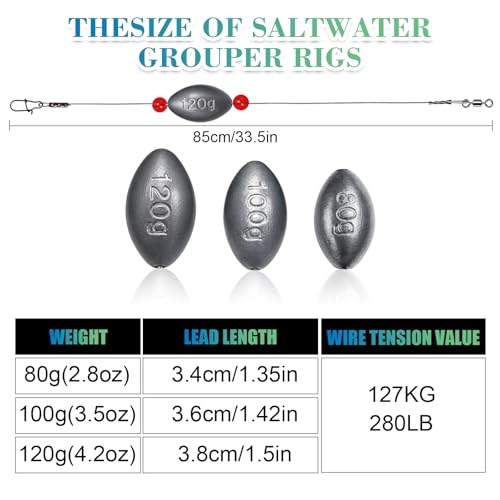 Fishing Egg Sinker with Soft Plastic Core Weight Rigs 5pcs Flounder Rig Saltwater,176.37lb Fishing Wire Leader with Egg Sinker Swivels Snap, Grouper Bottom Fishing Rigs - color: rig, size: 100g(3.5oz)-5pcs