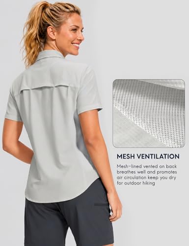 Haimont Women's UPF 50+ Short Sleeve Hiking Button Down Shirt | Quick-Dry Stretch, Mesh Back Vents, 2 Chest Pockets + Zip Pocket, Sunglasses Loop, Lens Cloth, Travel - color: Light Grey, size: Medium