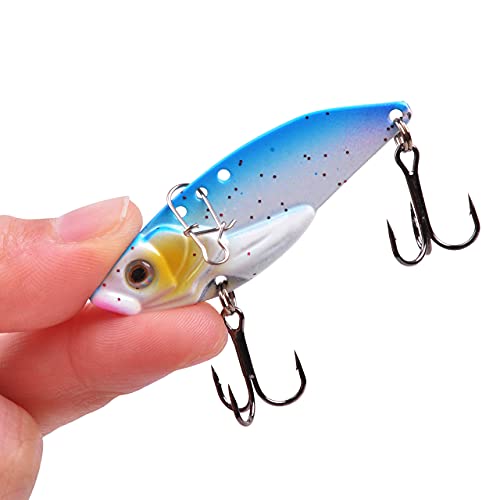 5Pcs Fishing Spoon Lures Metal VIB Hard Spinner Blade Baits with Treble Hooks 3D Eyes Fishing Spoons for Bass Walleyes Trout