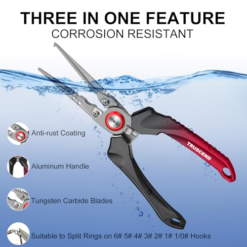 TRUSCEND Easy Use Lockable Fishing Pliers with Tungsten Carbide Cutter, Innovative Ergonomic Handy Handle, Saltwater Corrosion Resistant Teflon Coated Fishing Tool, Light Multi-Function Fishing Gear - color: A3-red