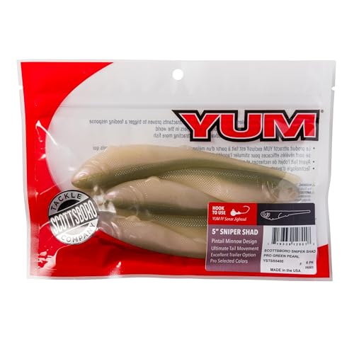 YUM Sniper Shad Soft Plastic – Realistic Minnow Bass Fishing Lure, Jig Head & Underspin Trailer, 3” 4” 5” Sizes, Multiple Colors - color: Pro Green Pearl, size: 5"