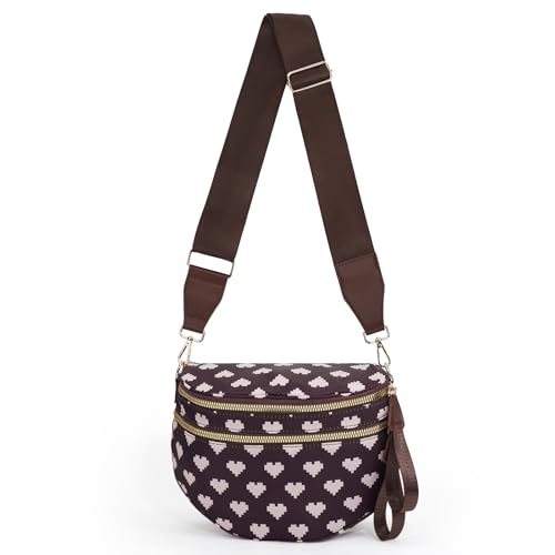 Crossbody Bags for Women, Spacious Nylon Belt Purse Fanny Packs, Crescent Oversized Checkered Bum Bag (Heart Print - Coffee) - color: Heart Print - Coffee
