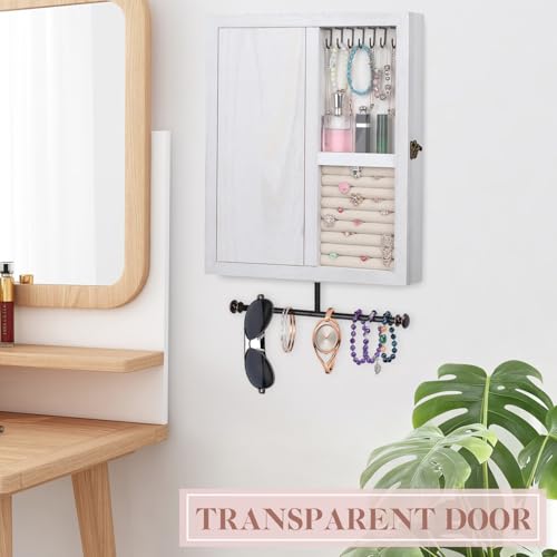 Keebofly Wall Mounted Jewelry Organizer With Rustic Wood Large Space Jewelry Cabinet, Holder, Storage Box for Necklaces, Earrings, Bracelets, Ring Holder, and Accessories White - color: White