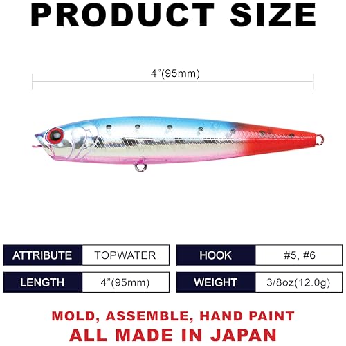 LUCKY CRAFT Gunfish 95NF Top Water Bass Fishing Lures, 4” Floating Lure with Cupped Mouth, Freshwater Trout and Bass Lures Fishing Gear, Accessories for Tackle Box - color: 386 Blue Pink Sardine RT (Red Tail)