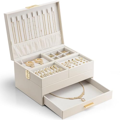 VLANDO 3 Layer Jewelry Box - Women Jewelry Box with Retractable Tray - Jewelry Organizers with Drawer for Necklaces, Rings, Bracelets, Earrings, Valentines Gift for Mom Girls - Cloud White - color: A.Cloud White, size: 3-Layer