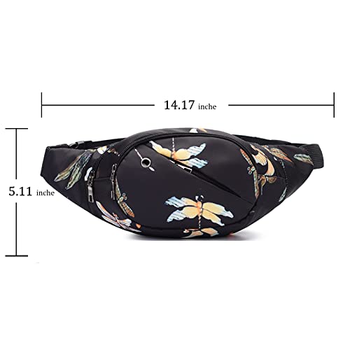 Crossbody Fanny Pack for Men&Women,Large Waist Bag & Hip Bum Bag with Adjustable Strap for Outdoors Workout Traveling Casual Running Hiking Cycling - color: Black Dragonfly