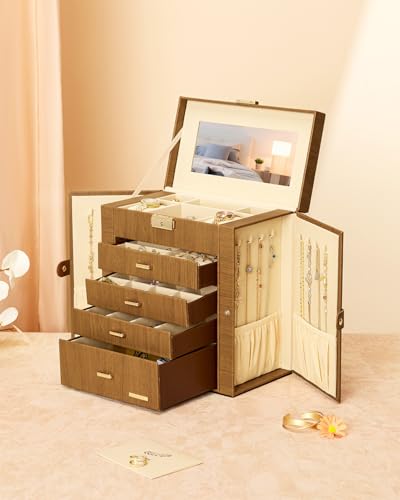 Homde Synthetic Leather Huge Jewelry Box Mirrored Watch Organizer Necklace Ring Earring Storage Lockable Gift Case (Brown + Gold) - color: Brown + Gold