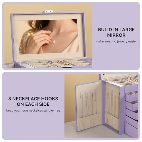 Frebeauty Large Jewelry Box,6-Tier PU Leather Jewelry Organizer,Multi-functional Storage Case with Mirror,Accessories Holder with 5 Drawers for Necklace Bracelets Watches（Purple） - color: Purple, size: Large