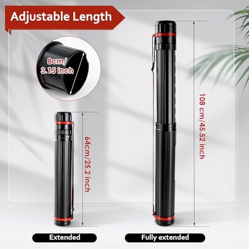 DEWEL Adjustable A0 Poster Tube 25.2"-42.5", Waterproof Plastic Black Storage Tube, Telescopic Poster Roll Artist Drawing Tube with Strap for Drawing, Blueprints, Maps, Flip Chart, Black - color: Black (Striped), size: Large