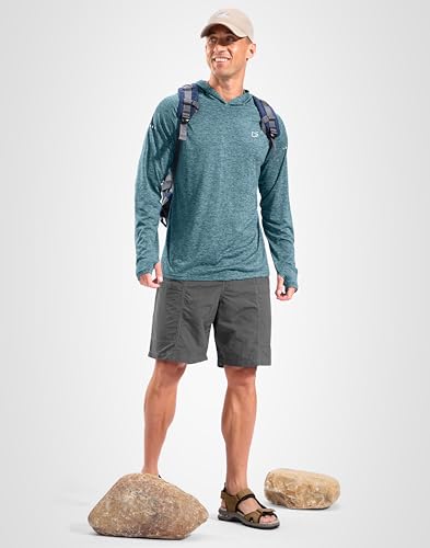 Men's Sun Protection Hoodie Shirts Long Sleeve UPF 50+ Swim Shirts for Men Rash Guard Fishing Shirt Quick Dry - color: Heather Aquamarine, size: Large