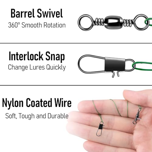 Alwonder 50-Pack Fishing Leaders, Fish Line Stainless Steel Wire with Swivels Snap, High-Strength 30LB Hi-Low Rig Fishing Wire Leader Fishing Tackle Gear Connector for Lures Baits Rigs Hooks - color: Green, size: 6IN