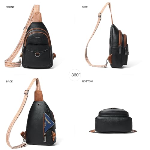 LATMAP 7L Sling Bag for Women Men Crossbody Belt Bag Small Travel Sling Backpack Anti Theft Chest Daypack Purse Faux Leather - color: Black With Brown