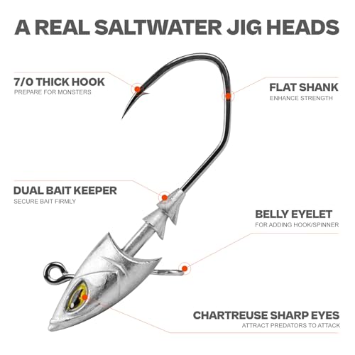 Saltwater Jig Head, Fish Eye Swimbait Jighead for Fishing Inshore/Offshore 1/2 3/4 1 1.5oz with 7/0 Hooks for Redfish, Stripper, Seabass etc. - color: Chartreuse, size: 1oz - 10Pack