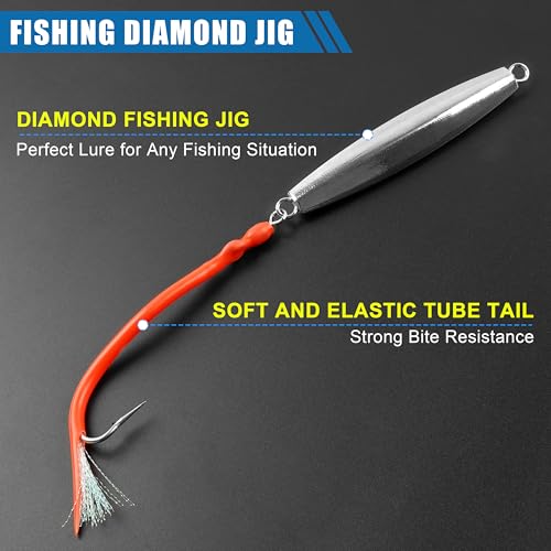 Diamond Jig Saltwater Fishing Lures Casting Jigging Spoon with Tube Tail Stainless Steel Hooks Trolling Lures Striped Bass Metal Jig for Deep Sea Surf Fishing Bottom Dragging Sinking - color: Red, size: 8 oz