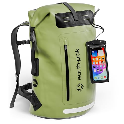 Earth Pak Waterproof Backpack - Heavy Duty Hiking Backpack - Roll-Top Closure Bag - Cushioned Dry Bag Waterproof Phone Case - color: Green, size: 55L