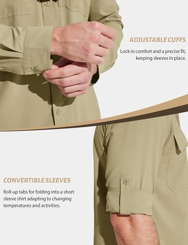MAGCOMSEN Men's Sun Protection Fishing Shirts Long Sleeve UPF 50+ Quick Dry Cooling Button Down Shirt for Hiking Safari - color: Light Khaki, size: Large