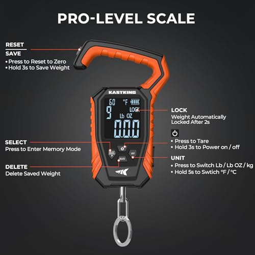 KastKing Weighmaster Mechanical-Digital Fishing Scale with Lip Gripper, 120 lb Capacity, 2.5" Backlit Display, High-Precision Sensor, 9 Weight Memory, Temperature Detection, IPX6 Waterproof - style: D: Orange Combo