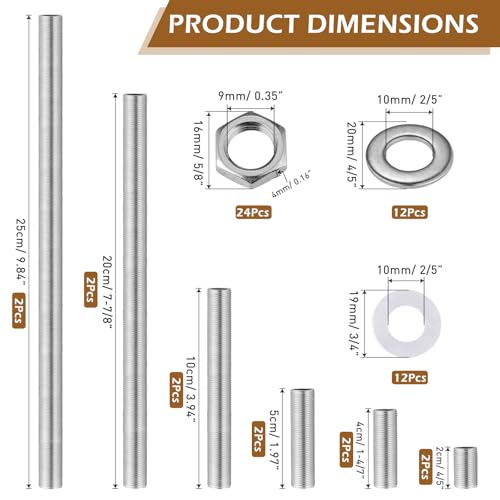Stainless Steel Lamp Pipe,Lamp Repair Hardware Assortment,SS304 Lamp Assembly Hardware Including 10" Nipples,Washers & Locknuts.Threaded Lamp Rod for Outdoor Lamps (304 Stainess Steel)