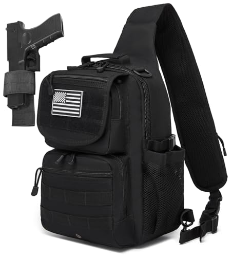 Tactical Sling Crossbody Bag Holster Shoulder Backpack 15L Water Bottle Holder Radio Pouch 6 Elastic Slots for Men Women Hiking Hunting Shooting - color: Black Flip