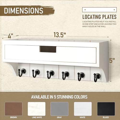 Rebee Vision Decorative Pine Wood Key Holder Wall Mount with Drawer Organizer - Mail Organizer with 6 Key Hooks - Stylish Wall Shelf for Apartment Essentials (Modern White) - color: White, style: 1-Drawer