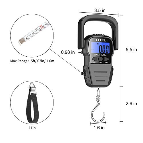 HEETA Fish Scale with Backlit LCD Display, Up to 110lb/50kg Digital Portable Hanging Fish Weight Scale with Hook & Measuring Tape for Home, Farm, Outdoor, Hunting, Fishing, 2 AAA Batteries Included - color: Black