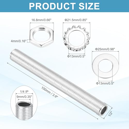 MECCANIXITY 35Pcs 3.9" Lamp Pipe Nipples Kit with Hex Nuts Washers, 1/4IP All Threaded 1/2" Outer Diameter Lamp Rod Hollow Tube Fasteners for Lamp Assembly Chandelier DIY Repair, Silver - size: 3.9"x1/4IP