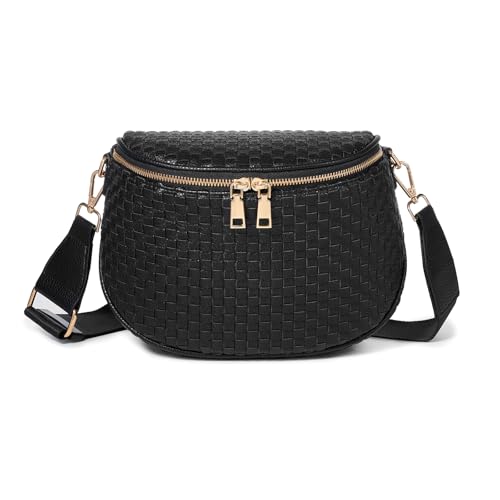 Woven Vegan leather Crossbody Bags For Women, Checkered Fashion PU Bum Bag Waist Pack, Travel Sling Purse with Adjustable Strap（Dark Black) - color: Dark Black