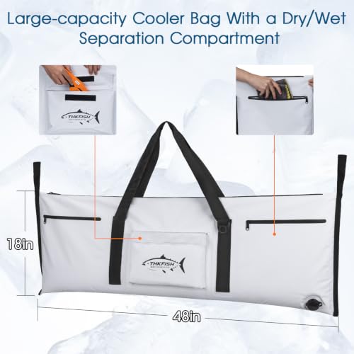 THKFISH Insulated Fish Cooler Bag, Fish Kill Bag for Caught Fish Ice Cold - color: White-Black, size: 48*18IN