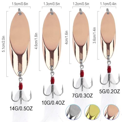 12Pcs Fishing Spoons Lures, Casting Spoon Treble Hooks 5g(3/16oz) 7g(1/4oz) 10g(3/8oz) 14g(1/2oz), Hard Metal Fishing Spoons for Trout Bass