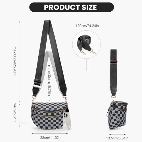 Checkered Crossbody Bum Bags for Women Nylon Checkered Purse Checkerboard Fanny Pack - color: A06-black Gray