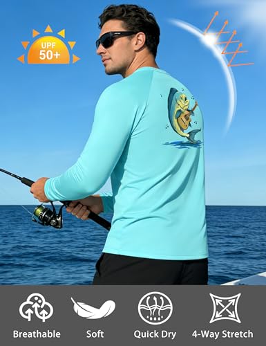 Men's UPF 50+ Sun Fishing Shirt, Long Sleeve UV Protection Tee, Quick Dry Rash Guard for Outdoor Swim Hiking - color: Aqua Blue (Mahi Guitar), size: X-Large