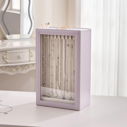 Lolalet Necklace Organizer Box, Jewelry Storage Box with Clear Window for Necklaces Bracelets, Tangle-Free Necklace Display Case for Women Girls, Dusty Purple, 3 Layers 30 Hooks - color: Dusty Purple, size: 3 Layers, 30 Hooks
