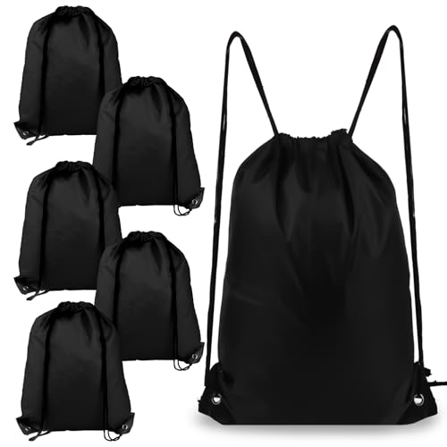 COIDEA 6Pcs Drawstring Backpacks, Medium, Black, Sports, Gym, Travel, Swimming, Beach - color: Black