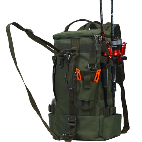 kokkoya Small Fishing Bag Tackle Backpack with Rod Holder 16L Lightweight Backpack for Fishing Hiking Kayaking Outdoor Gear Storage for Men (Olive) - color: Olive