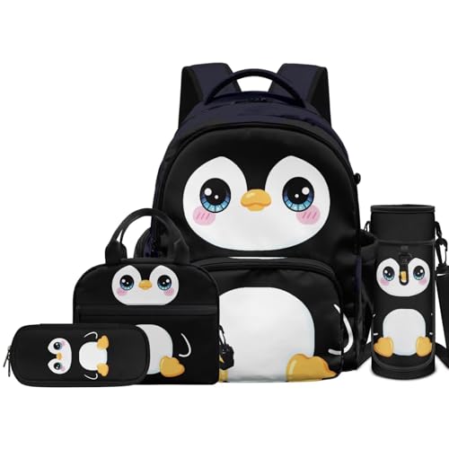 Penguin Print Backpack for Kids 4 Pieces School Backpack with Insulated Lunch Bag with Pencil Case Water Bottle Carrier for 4-6 Years - color: Penguin