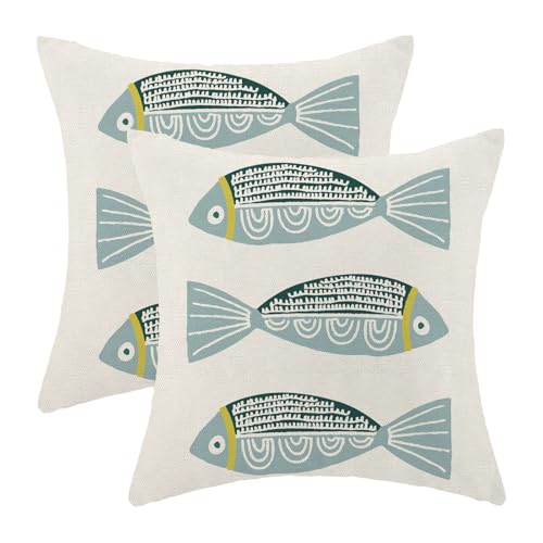 Coastal Blue Fish Pillow Covers 18x18 Inch Set of 2 Ocean Outdoor Throw Pillows Spring Summer Beach Nautical Pillowcase Linen Outdoor Decorative Cushion Covers for Bed Sofa Couch - color: Fish, size: 18" x 18" (Pack of 2)