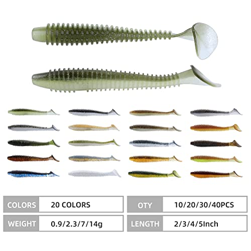 RUNCL Swimbaits Paddle 10/20/30/40PCS, 5/4/3/2 Inchs Paddle Tail, Soft Lure for Trout Crappie Bass, Durable Plastic Bait Swimmer for Saltwater/Freshwater, Fishing Lover's Gift - color: Green Shiner, size: 5in, 10pcs
