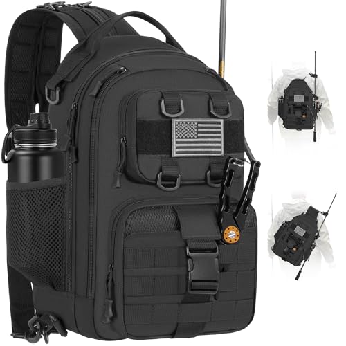 GMAK Fishing Backpack Tackle Sling Bag, Large Tactical Fishing Tackle Backpack with Rod & Gear Holder, Lightweight Outdoor Water-Resistant Tackle Gear Pack Shoulder Bags for Men Women, Black - color: Black, size: Large, style: Sling Backpack