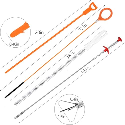 Drain Snake，Plumbing Drain Clog Remover, Gutter Cleaning Tools for Toilet Shower Kitchen Bathroom Tub, Clogged Drains Opener Cleaning Tool, Flexible Grabber Claw Pick Up Reacher (61 IN)