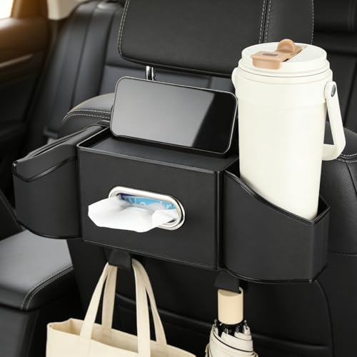 7-in-1 Car Seat Back Organizer, Multifunctional Storage with Cup Holder, Dual-Use Trash Can, Tissue Box, 2 Hooks, Easy to Install Back Seat Car Organizer
