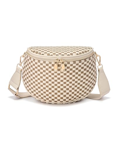 Trendy Woven Checkered Crossbody Bum Bag for Women，PU Leather Checkered Purse Fanny Packs Belt Bag (Woven Bum Bag - Khaki Beige) - color: Woven Bum Bag - Khaki Beige