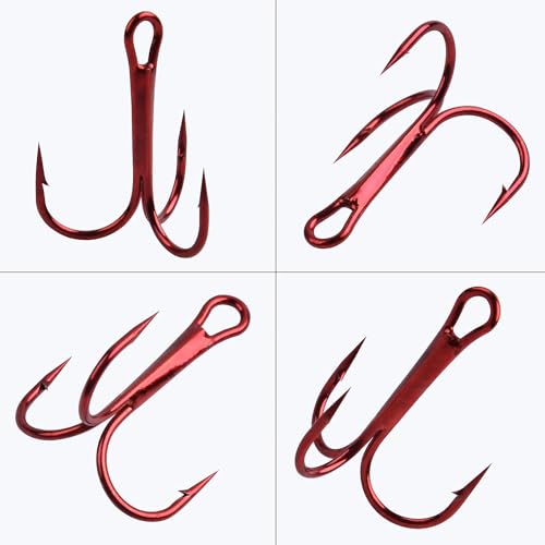 Fishing Treble Hooks Triple Fishing Hooks High Carbon Steel Barbed Sharp Round Bend Treble Hooks Replacement for Hard Lures Bait - color: Red, size: 10#-50pcs