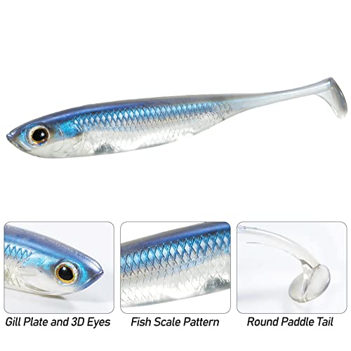 Dr.Fish Paddle Tail Swimbaits, Soft Fishing Lures for Bass Fishing 2.75-4.75 Inches, Freshwater & Saltwater Soft Plastic Baits Swim Shad Bait Minnow Lures Drop Shot - color: Blue, size: 3.93"-5 Pack