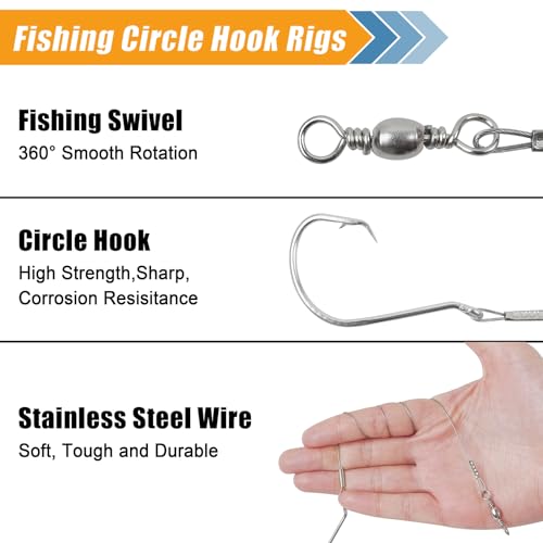 Circle Hooks Rigs Saltwater Fishing Leader Wire, 20pcs Circle Hooks with Steel Wire Leaders Catfish Rig for Bass Surf Fishing Striper Snapper Flounder - size: 4/0-20Pack